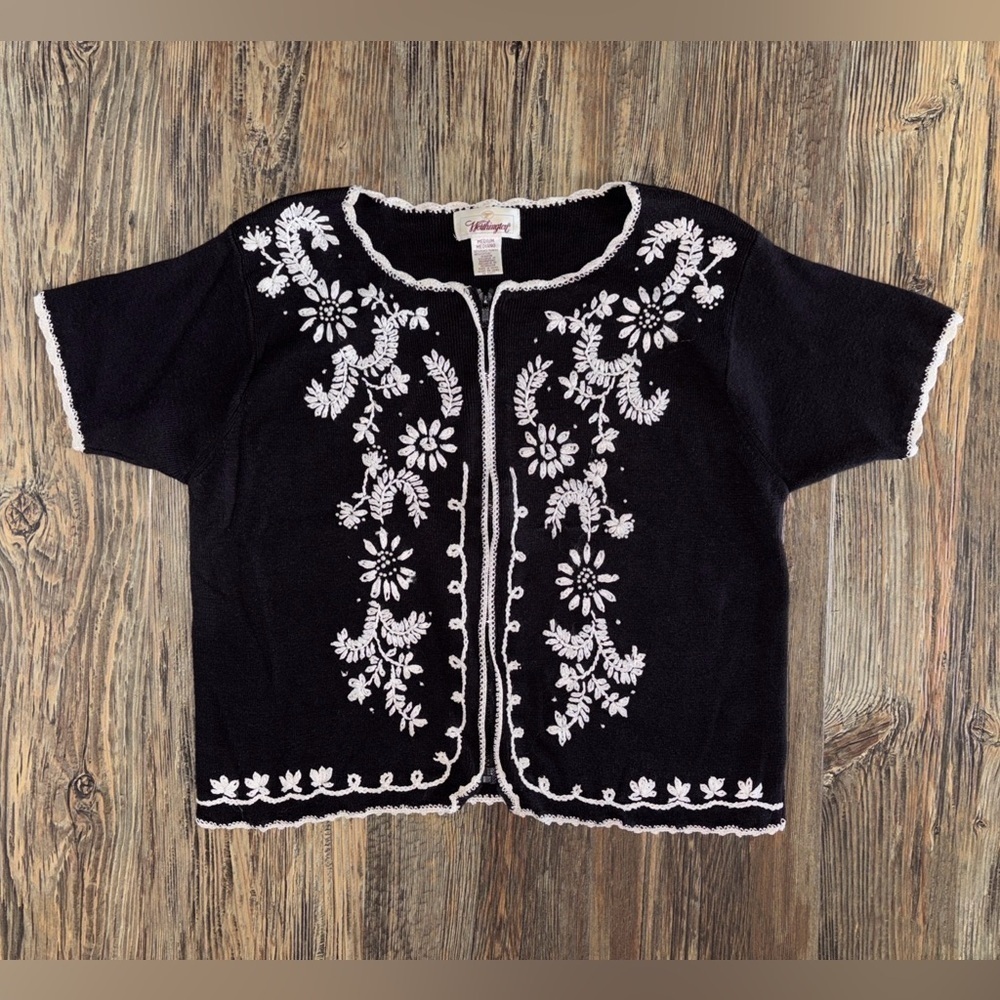 Vtg Worthington S/S Knit Cardigan Medium Black White Embroidered Crocheted Beads